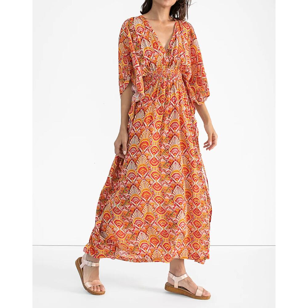 NWT Rujuta Sheth Red Marie Cinch Ikat Kaftan Maxi Dress Size M/L